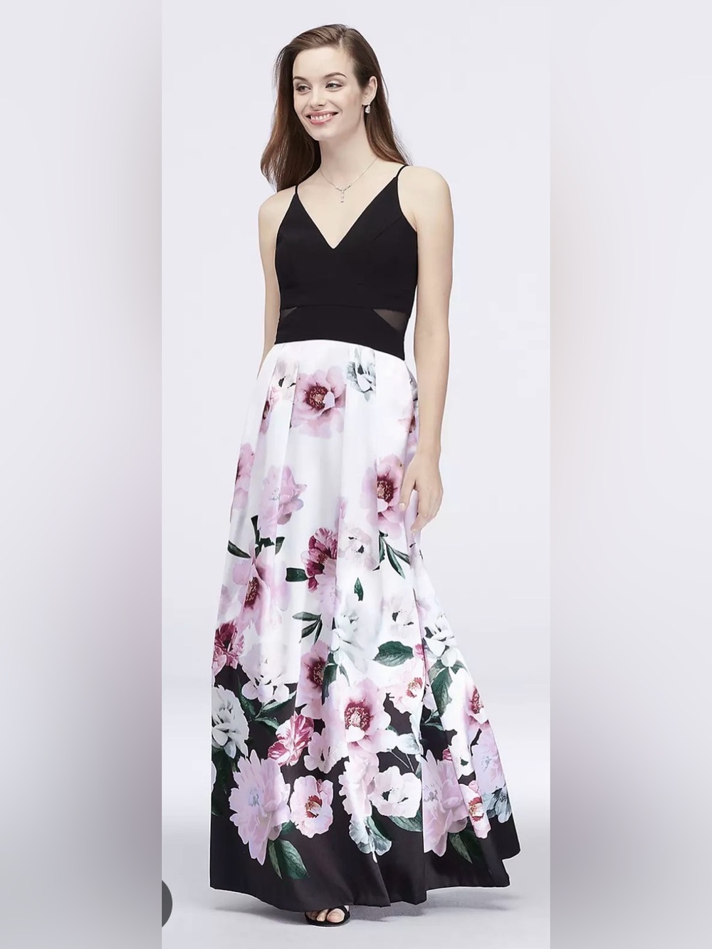 David’s Bridal Floral A-Line Maxi Skirt in White and Pink with a black v-neck